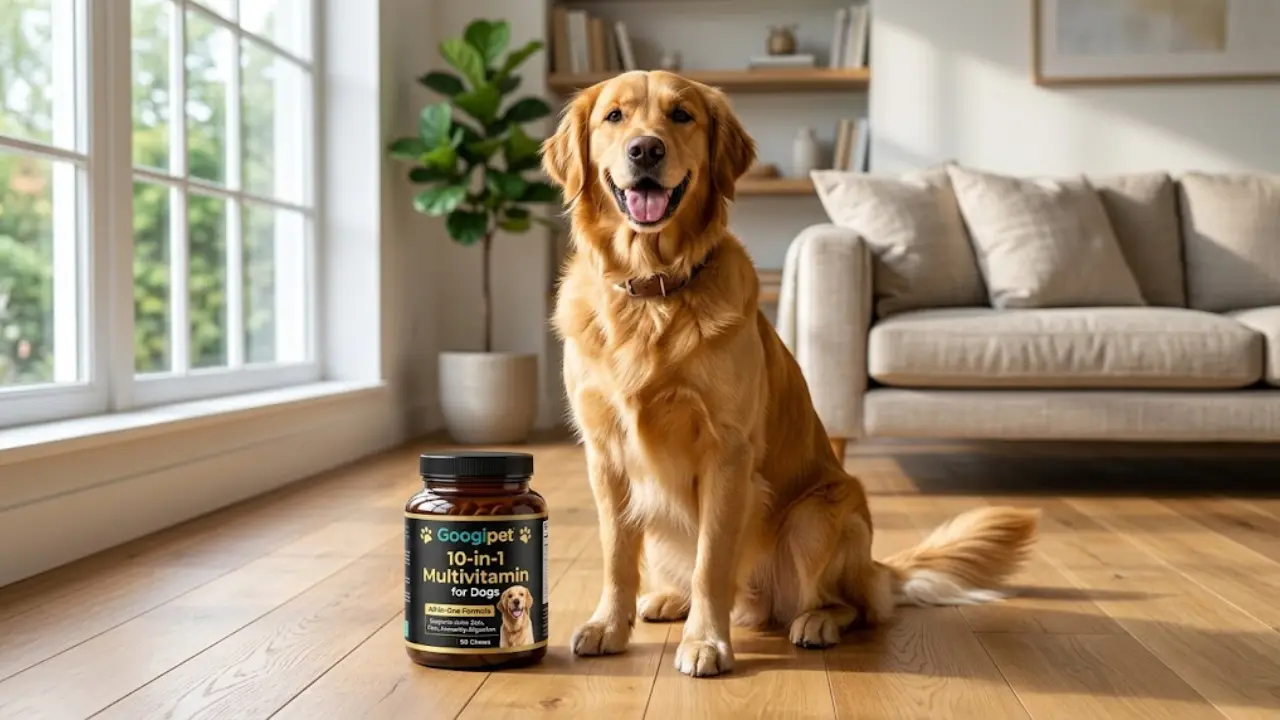 Happy Golden Retriever sitting next to a jar of Googipet 10-in-1 Dog Multivitamin