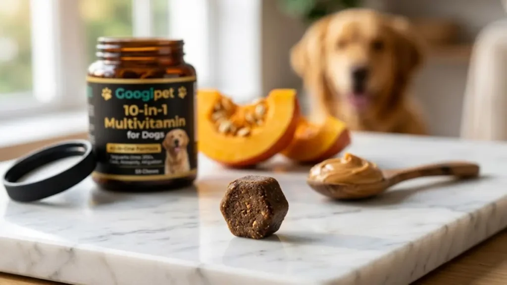 Close up of Googipet soft chew dog vitamin with fresh pumpkin and peanut butter ingredients