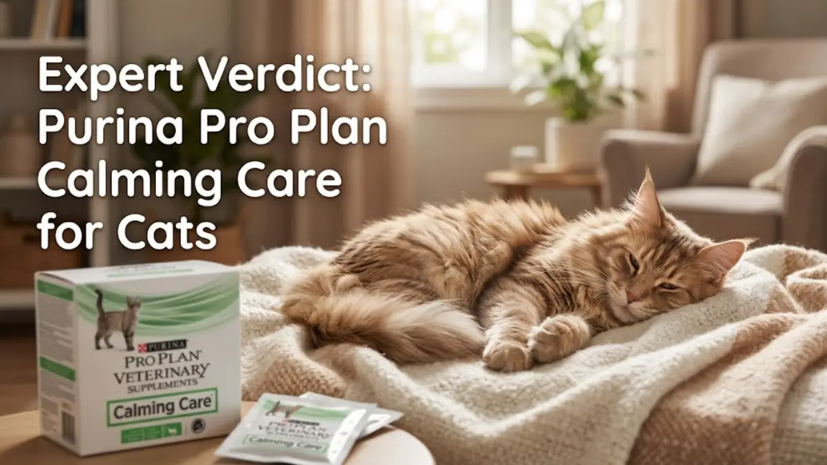 A relaxed cat resting next to a box of Purina Pro Plan Calming Care veterinary supplements. Expert review by Sudheer Sayana for Smart Paws Tech.