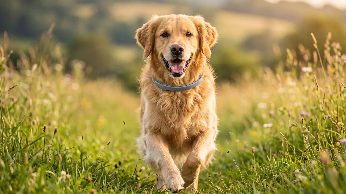 A healthy and happy large Golden Retriever wearing a Seresto flea and tick collar outdoors in the grass.