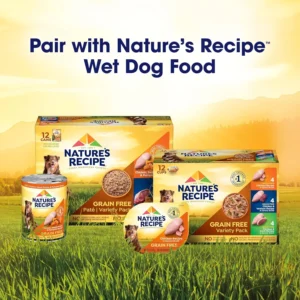 Close up of real salmon, sweet potato, and pumpkin ingredients used in Nature's Recipe grain-free dog food.