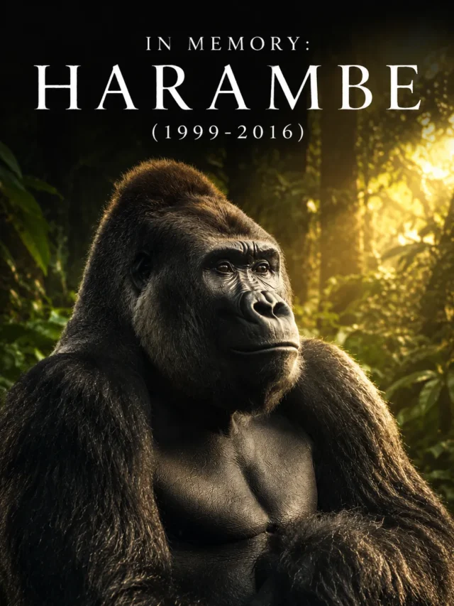 A cinematic and respectful photo of the silverback gorilla Harambe in a lush green jungle environment representing a memorial tribute
