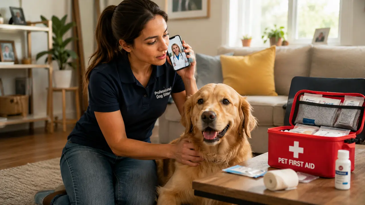 Professional dog sitter handling a pet emergency and contacting a veterinarian