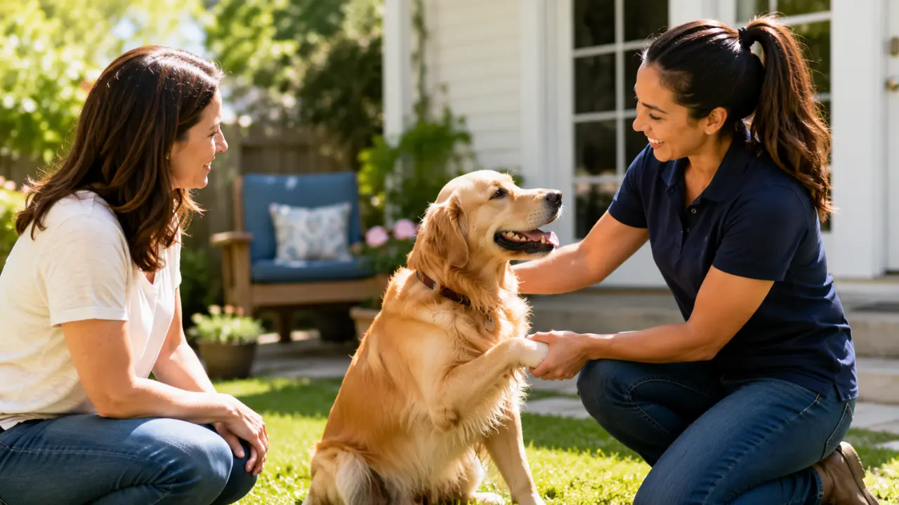 Dog owner introducing a Golden Retriever to a professional dog sitter during a trial visit