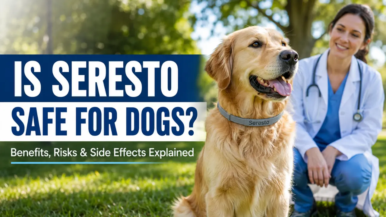 Golden Retriever wearing a Seresto flea and tick collar while a veterinarian examines the dog Is Seresto Safe for Dogs