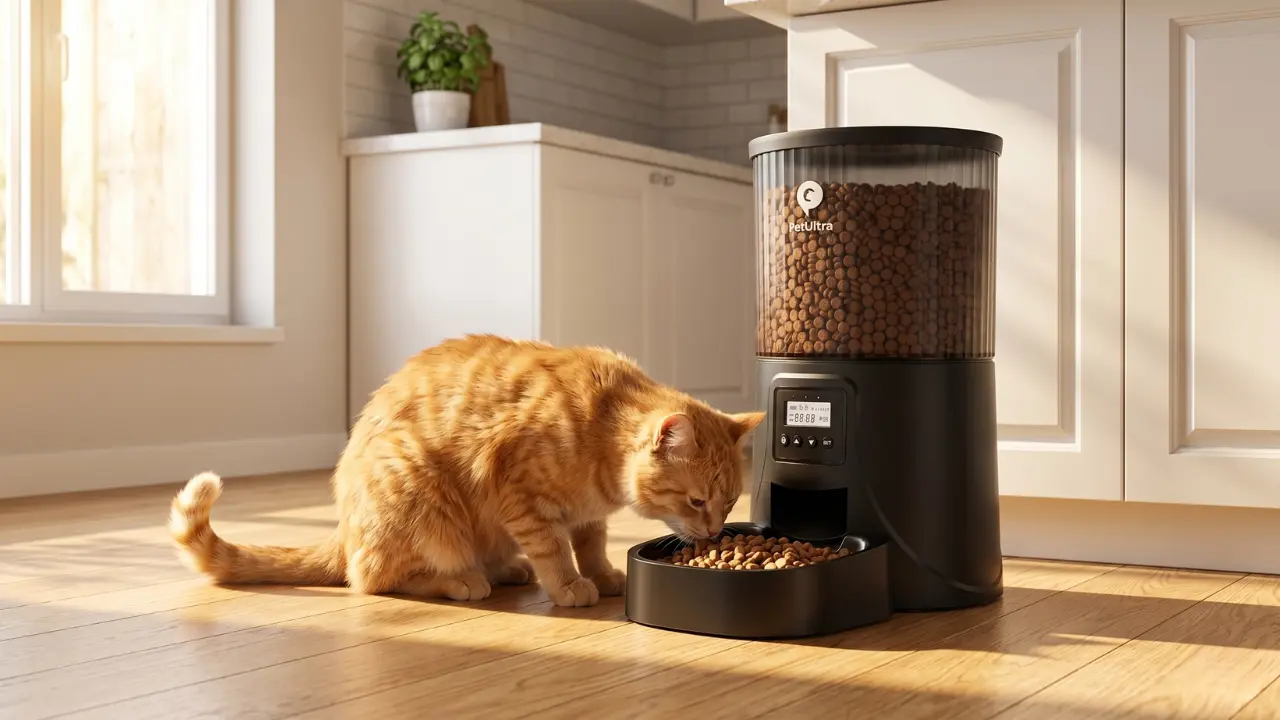 Black PETULTRA automatic cat food dispenser in a modern kitchen