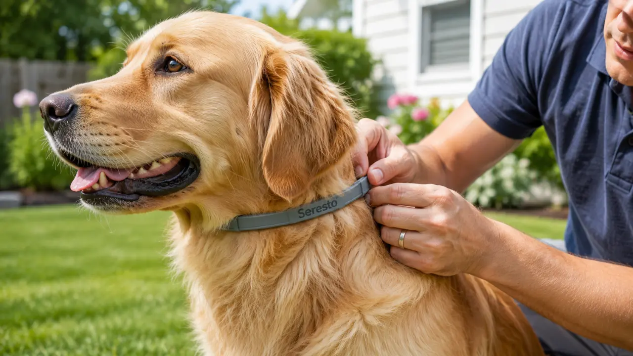 Dog owner correctly fitting a Seresto flea and tick collar on a Golden Retriever