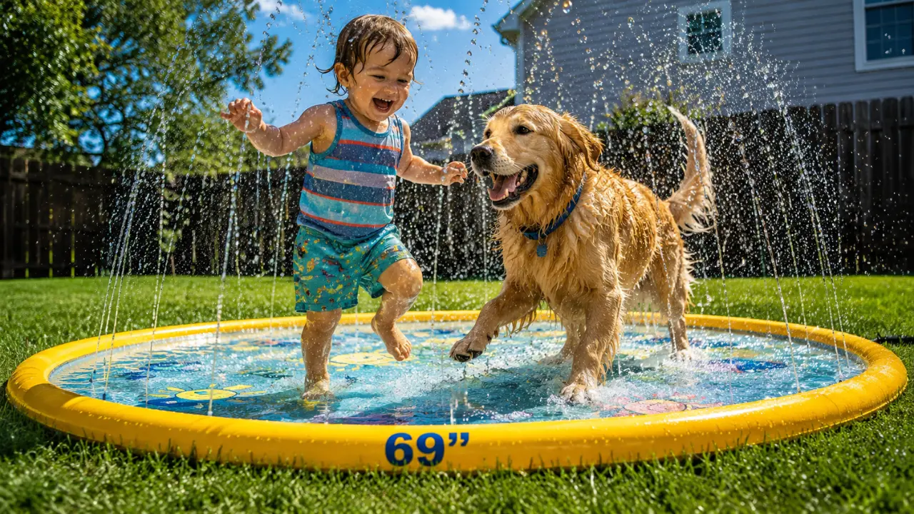 A happy golden retriever dog and a toddler playing in the 69-inch SplashEZ splash pad in a backyard, showing the sprinkler and non-slip surface for our honest review.