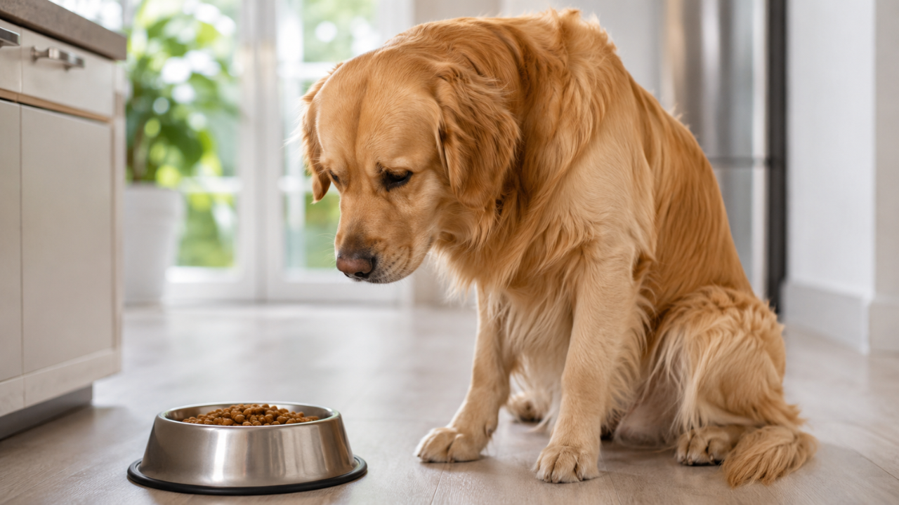 Golden Retriever experiencing diarrhea after eating regular dog food sitting near a dog food bowl