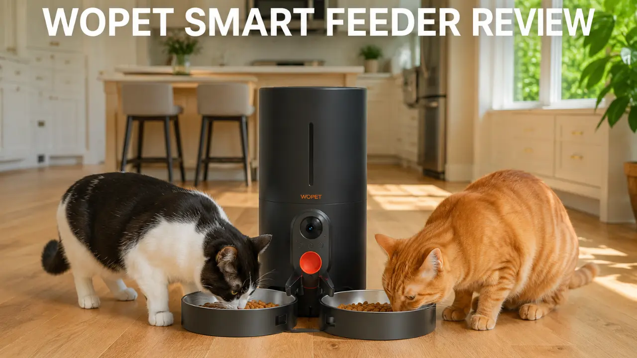 WOPET Heritage View Automatic Pet Feeder review featured image showing the device with dual bowls and camera in a modern kitchen setting.
